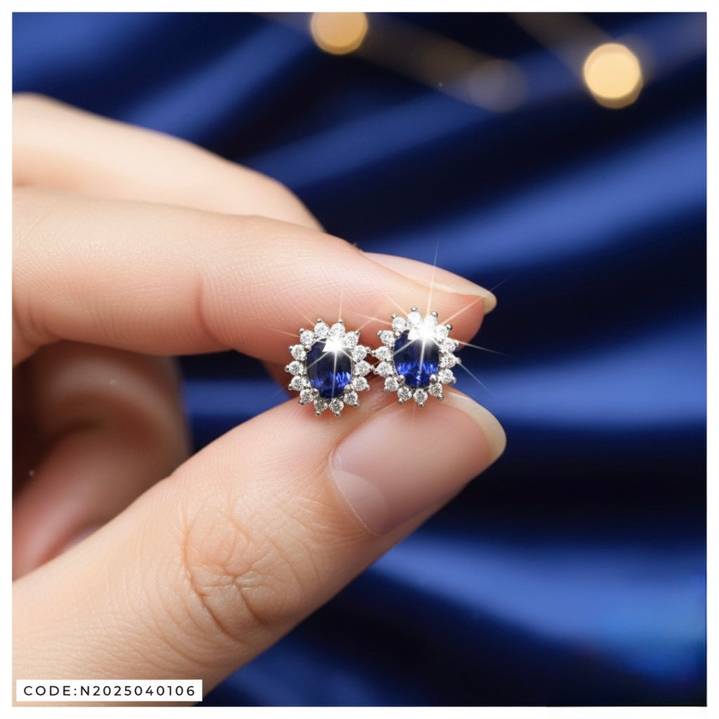 Oval London Blue Topaz Sunburst Stud Earrings in Sterling Silver