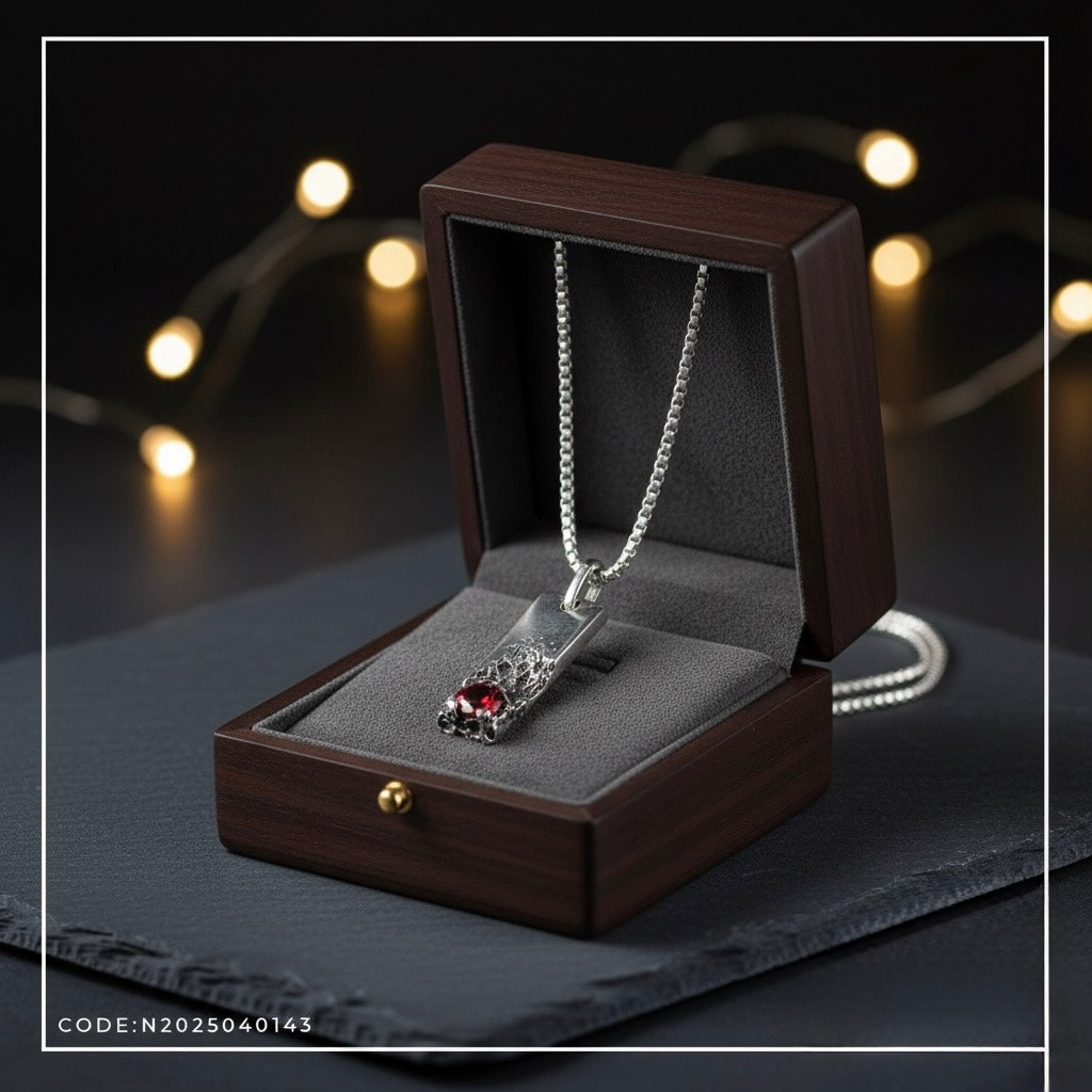 Men's Organic Texture Garnet Bar Pendant Necklace in Sterling Silver (22" Chain)