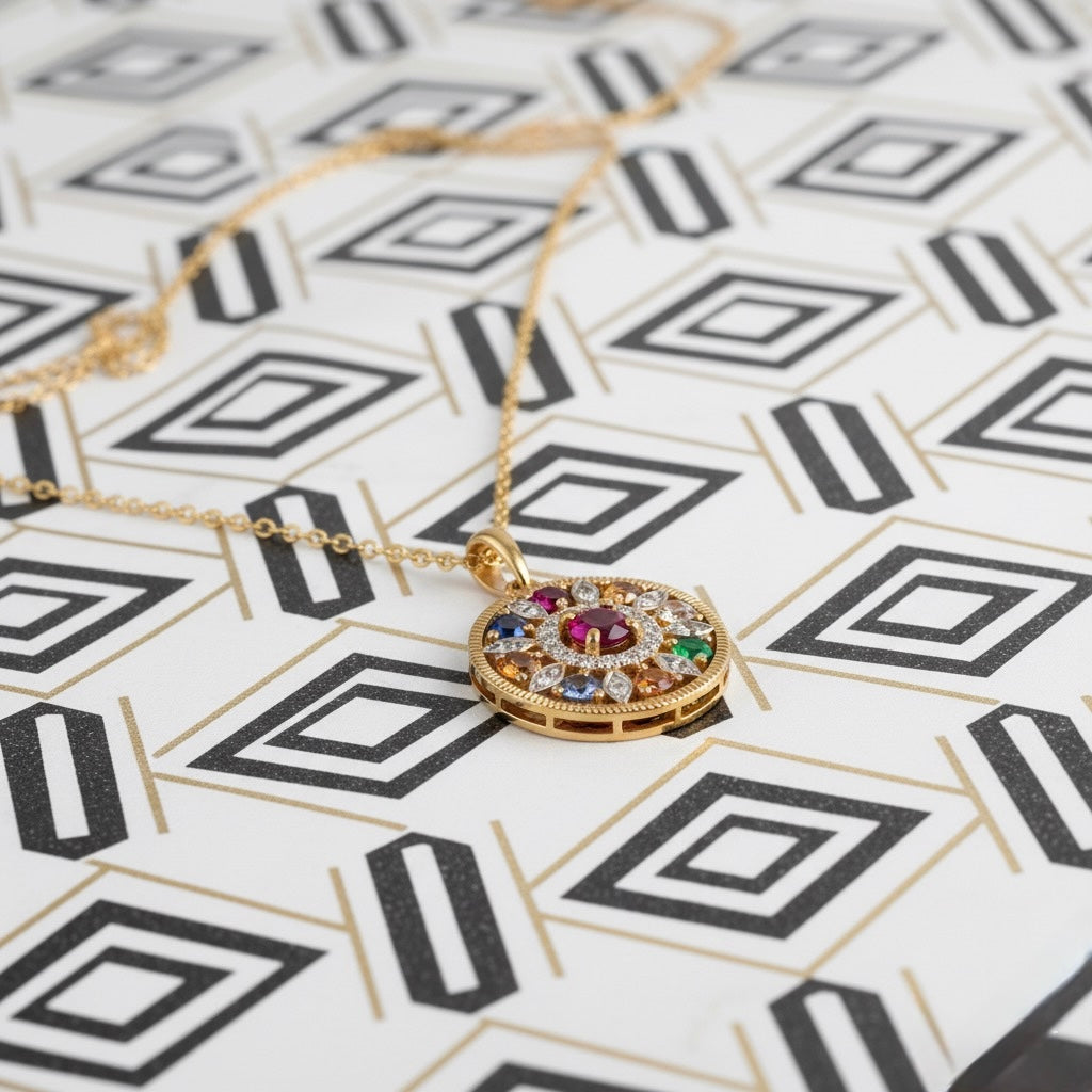 Navaratna Cosmic Gems Medallion Necklace (18K Gold Plated Sterling Silver)