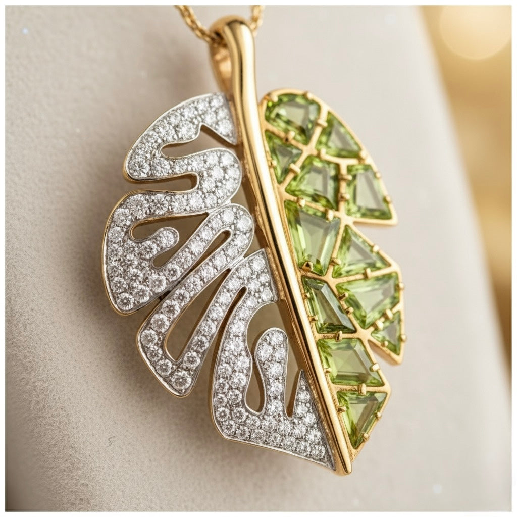 Half-Pave Monstera Leaf Pendant Necklace (Peridot & White Sapphire in 18K Gold Plated Silver)