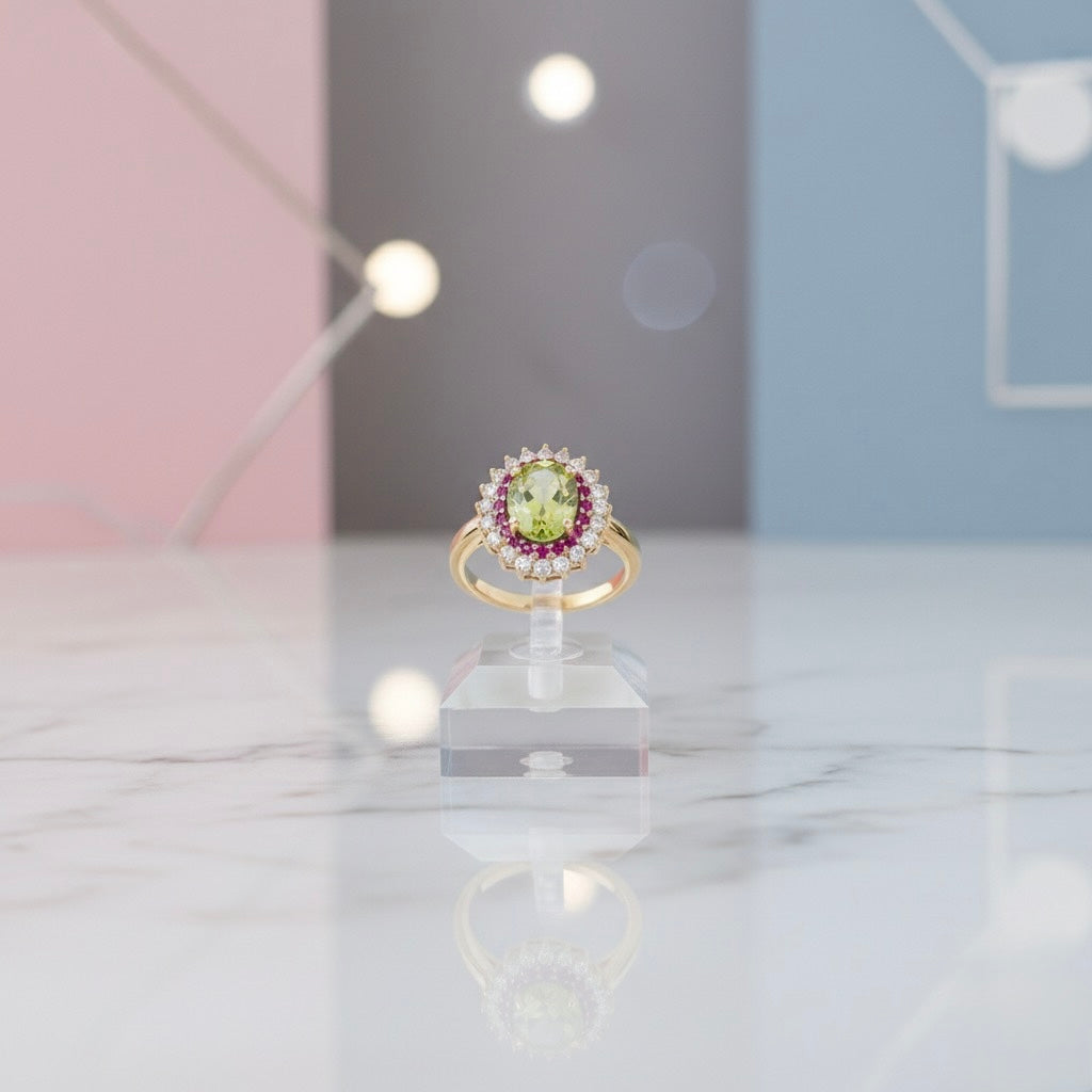 Peridot & Pink Garnet Floral Halo Ring (18K Gold Plated Sterling Silver)