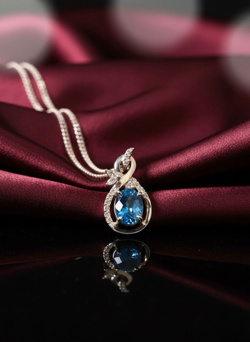 Oval London Blue Topaz & CZ Teardrop Pendant Necklace in Sterling Silver