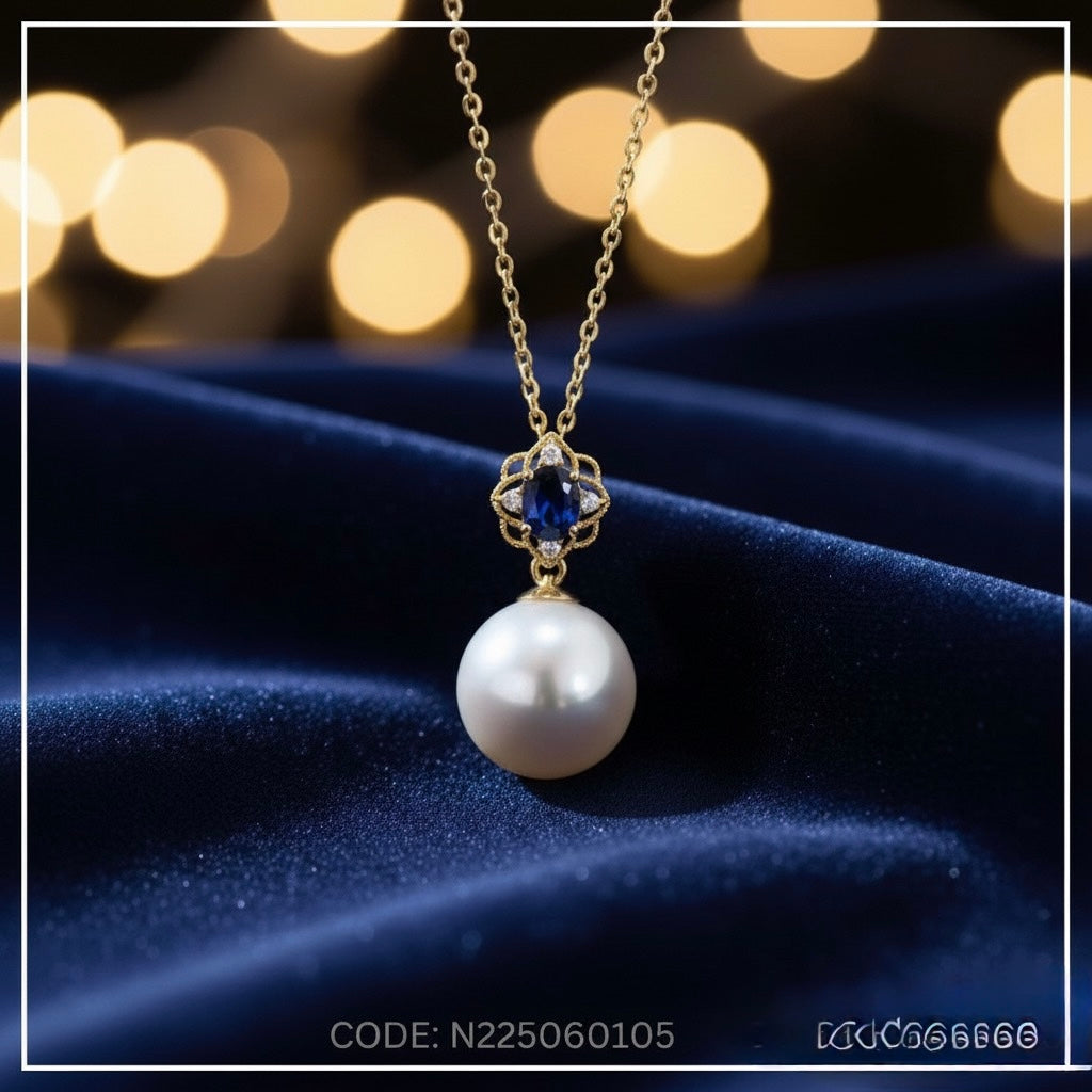 Blue Sapphire & Pearl Elegance Pendant with Chain