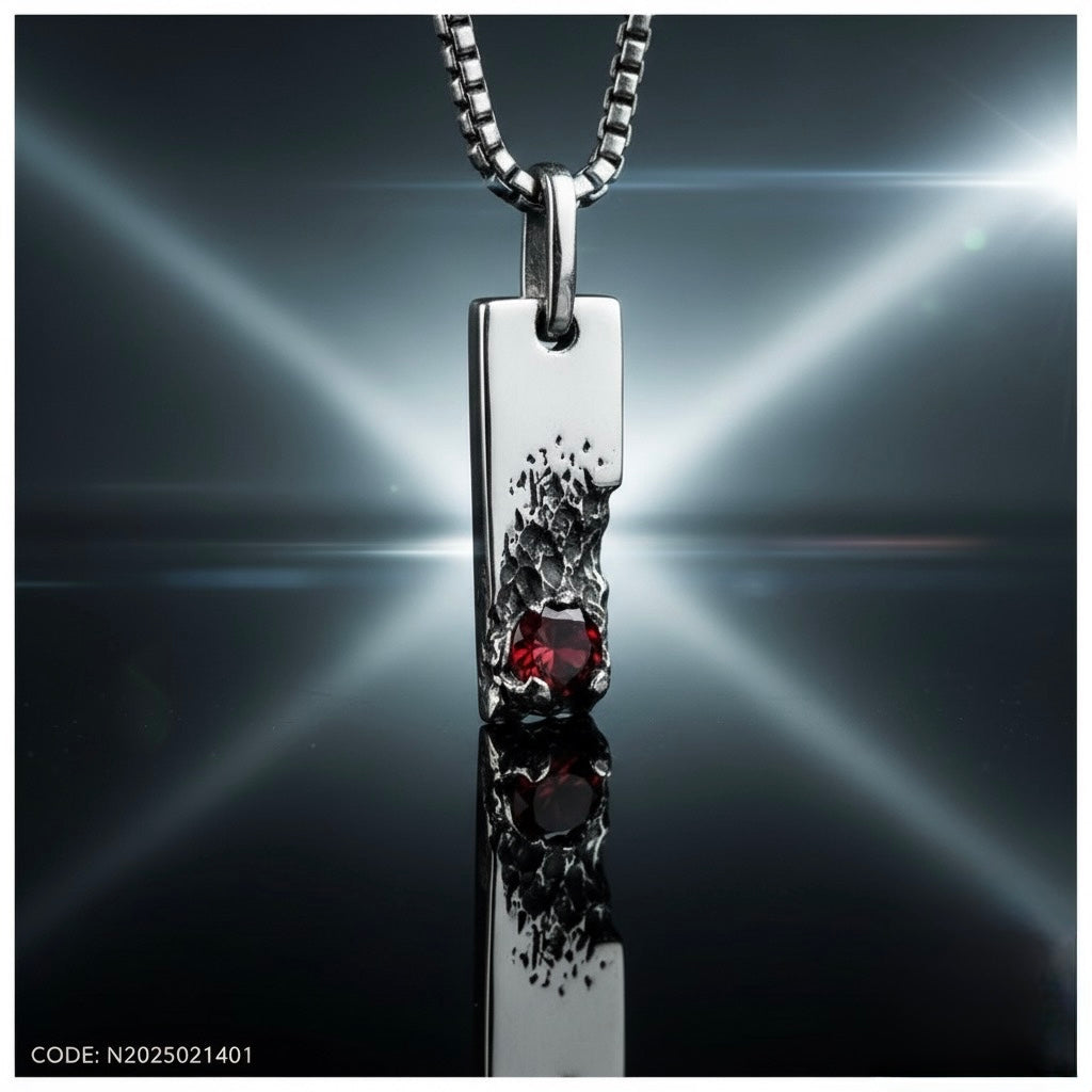 Men's Organic Texture Garnet Bar Pendant Necklace in Sterling Silver (22" Chain)