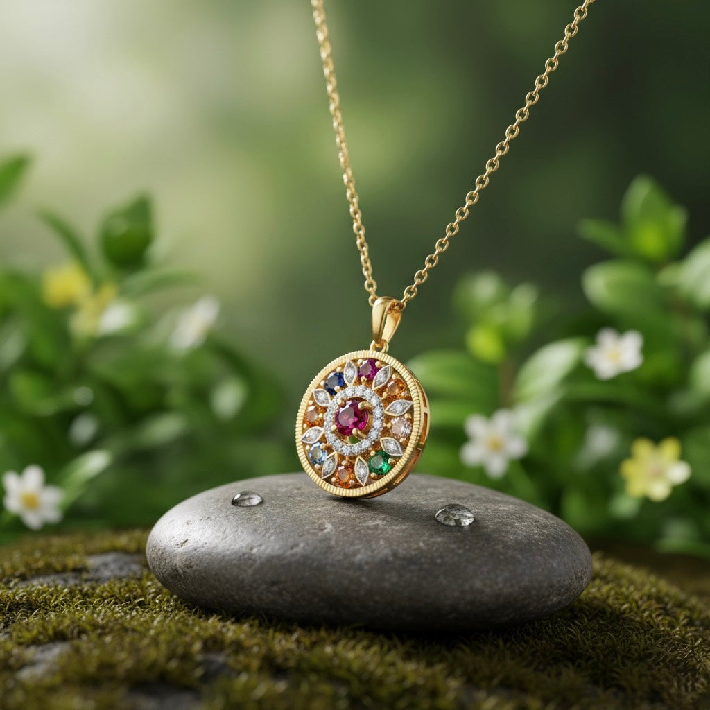 Navaratna Cosmic Gems Medallion Necklace (18K Gold Plated Sterling Silver)
