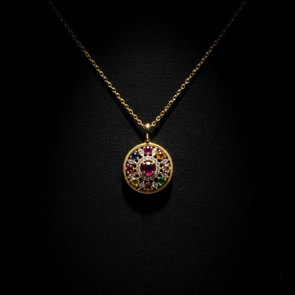 Navaratna Cosmic Gems Medallion Necklace (18K Gold Plated Sterling Silver)