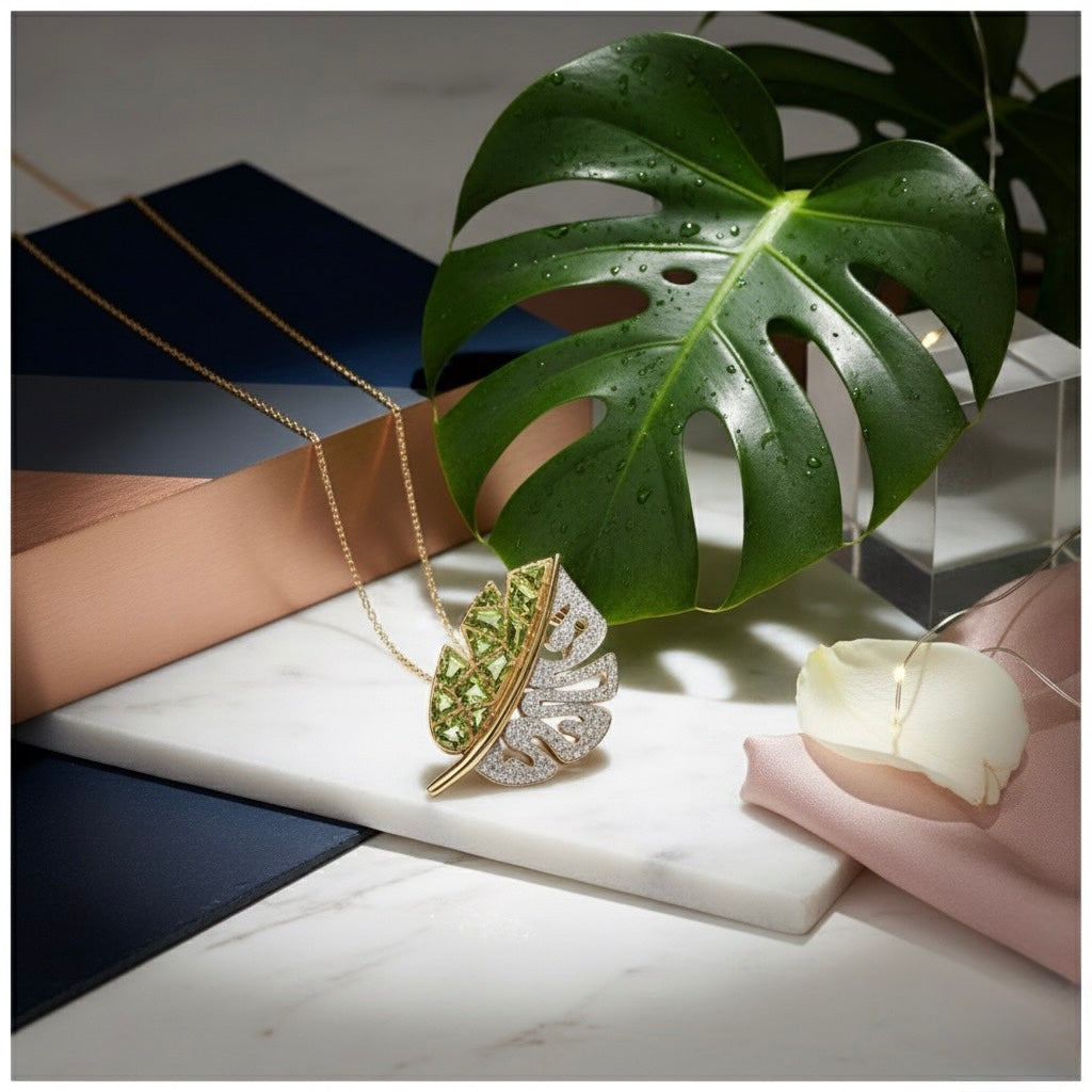 Half-Pave Monstera Leaf Pendant Necklace (Peridot & White Sapphire in 18K Gold Plated Silver)