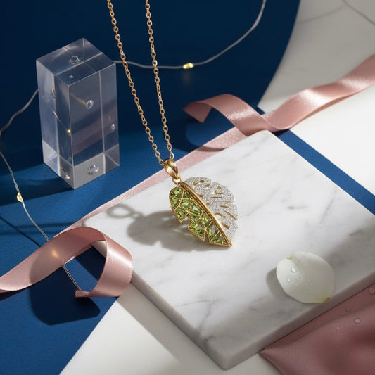 Half-Pave Monstera Leaf Pendant Necklace (Peridot & White Sapphire in 18K Gold Plated Silver)