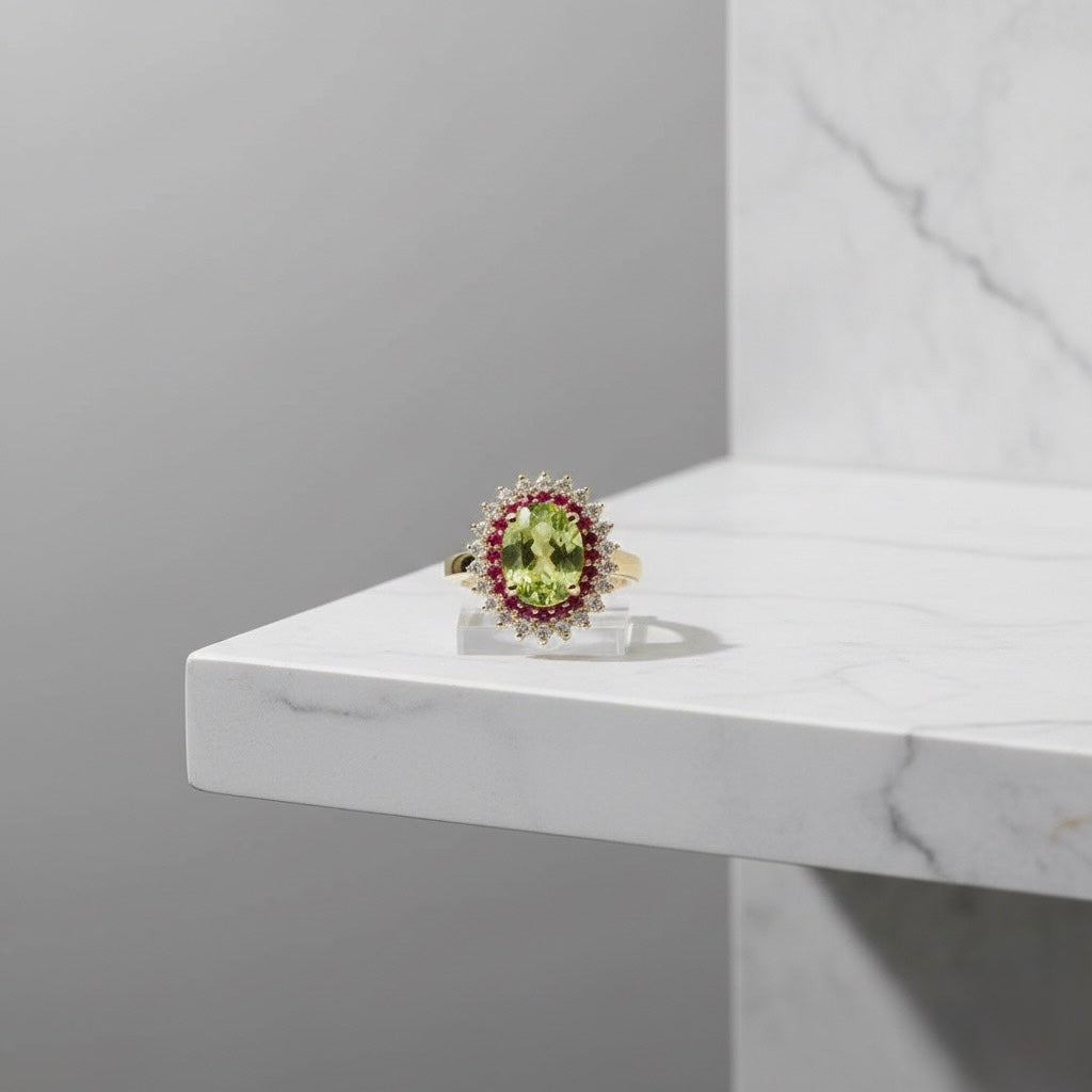 Peridot & Pink Garnet Floral Halo Ring (18K Gold Plated Sterling Silver)