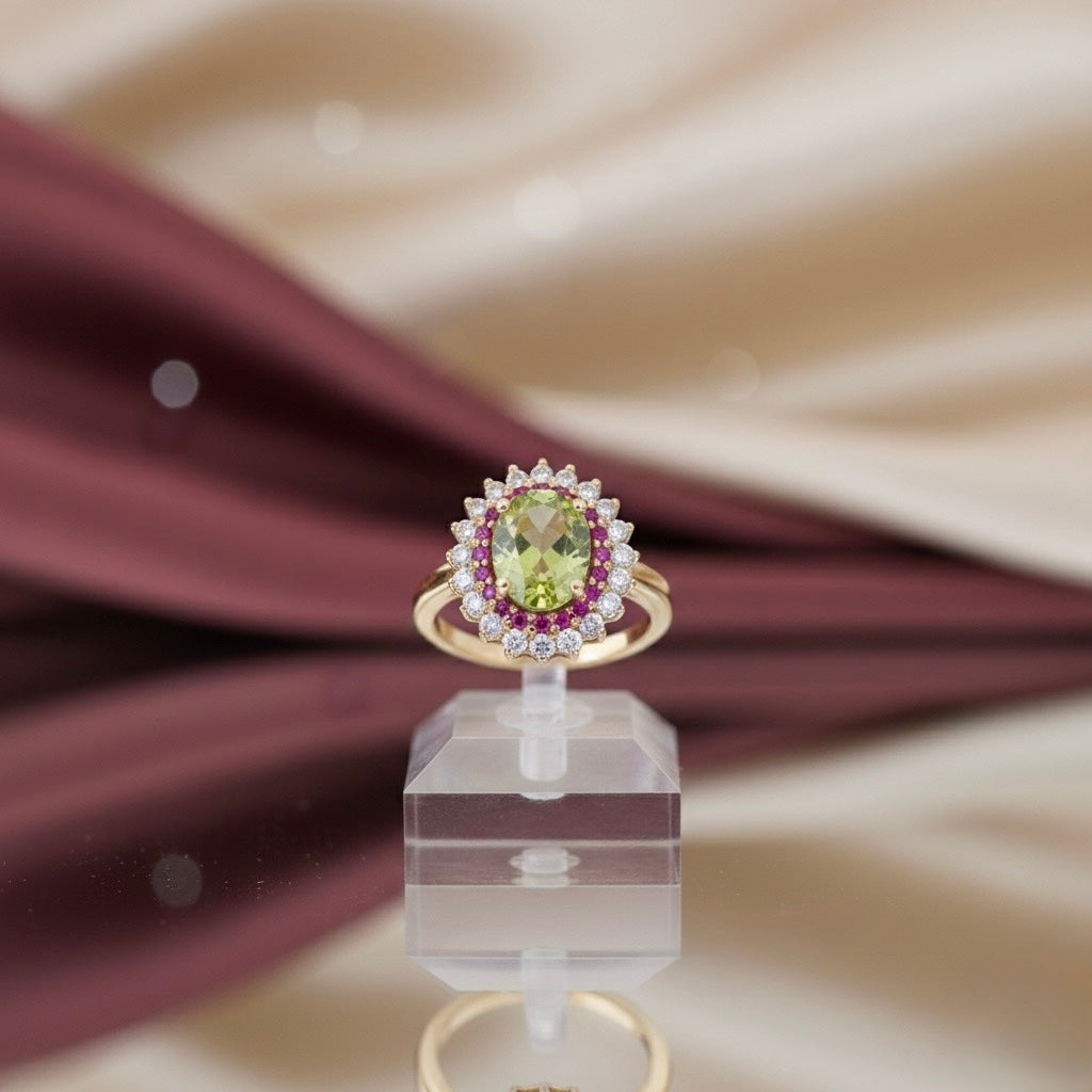 Peridot & Pink Garnet Floral Halo Ring (18K Gold Plated Sterling Silver)
