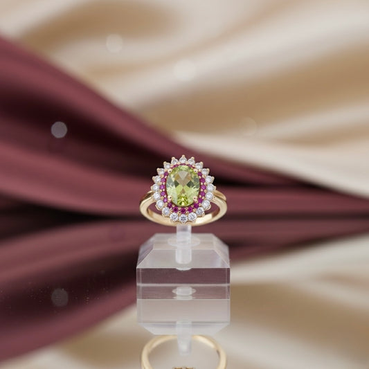 Peridot & Pink Garnet Floral Halo Ring (18K Gold Plated Sterling Silver)