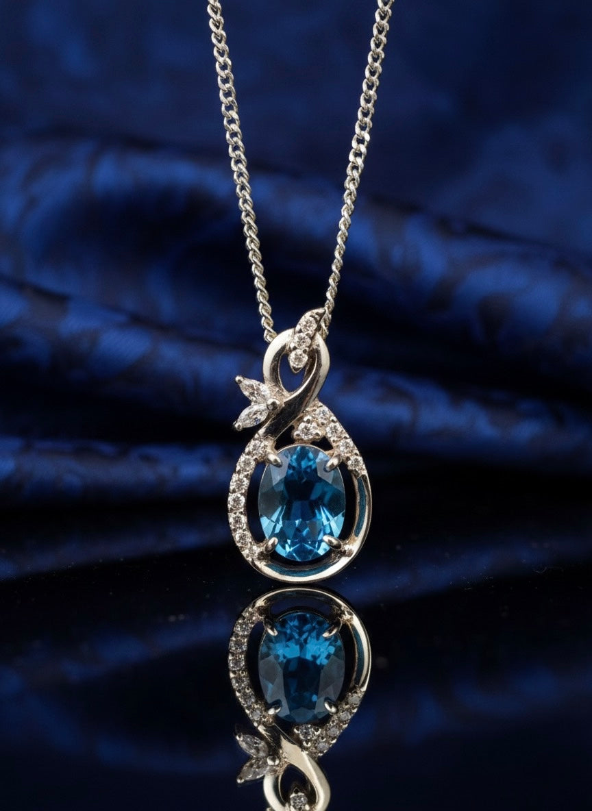 Oval London Blue Topaz & CZ Teardrop Pendant Necklace in Sterling Silver